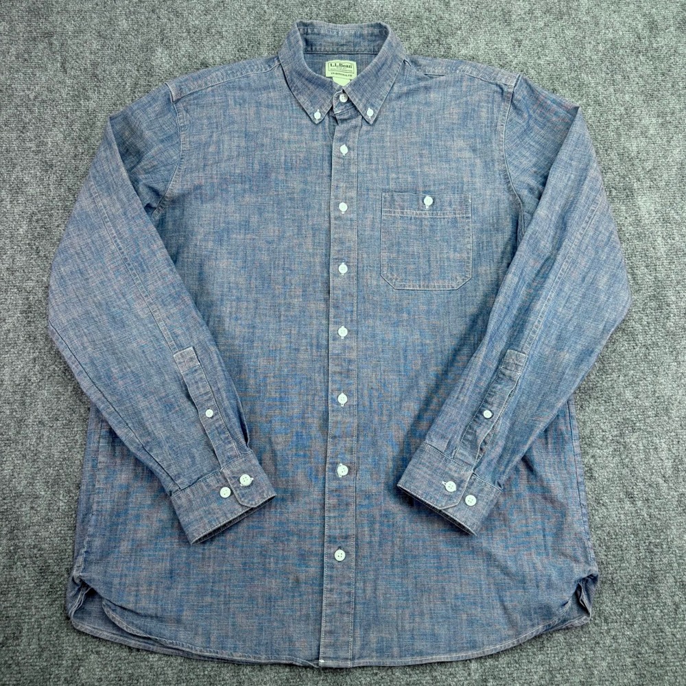 LL Bean Shirt Mens Medium Tall Blue Chambray Traditional Fit Stretch Button Down